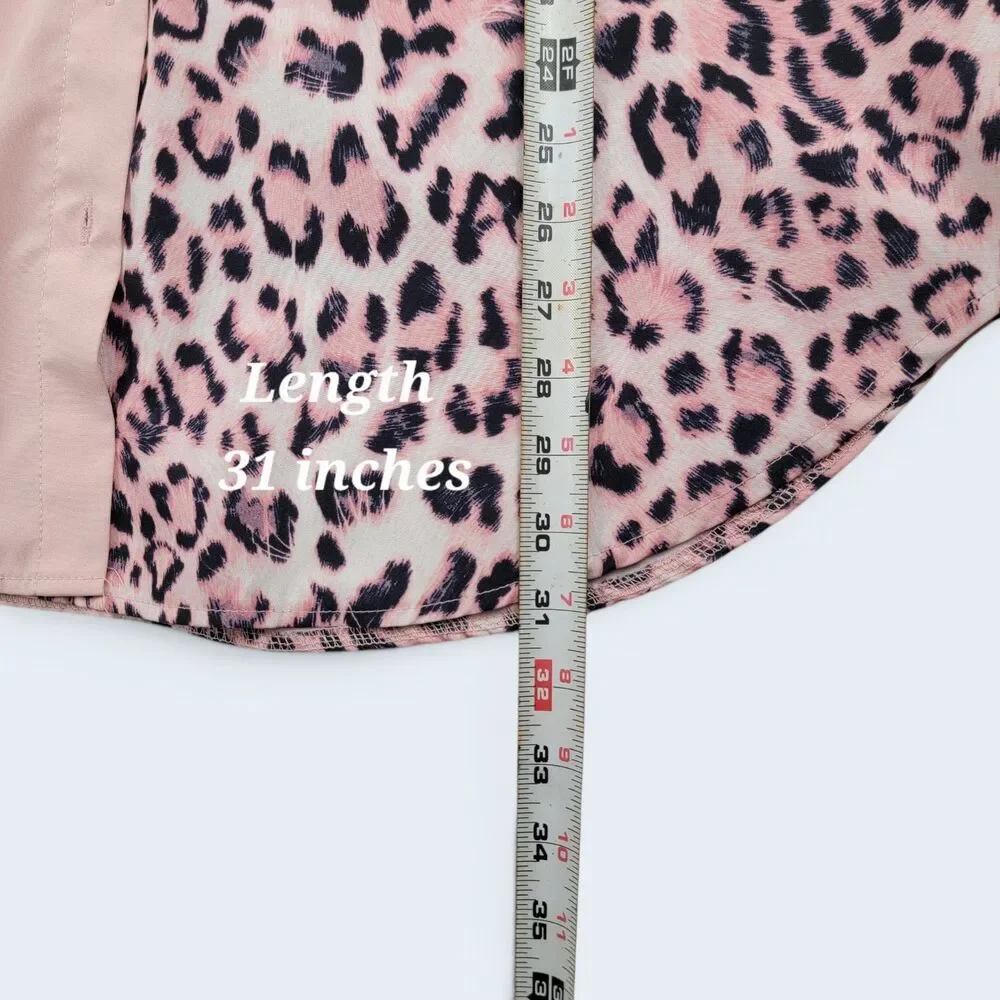 SHEIN Pink/Black Leopard Print Button Down Long Shirt XL Belted Long Sleeve - Picture 6 of 8